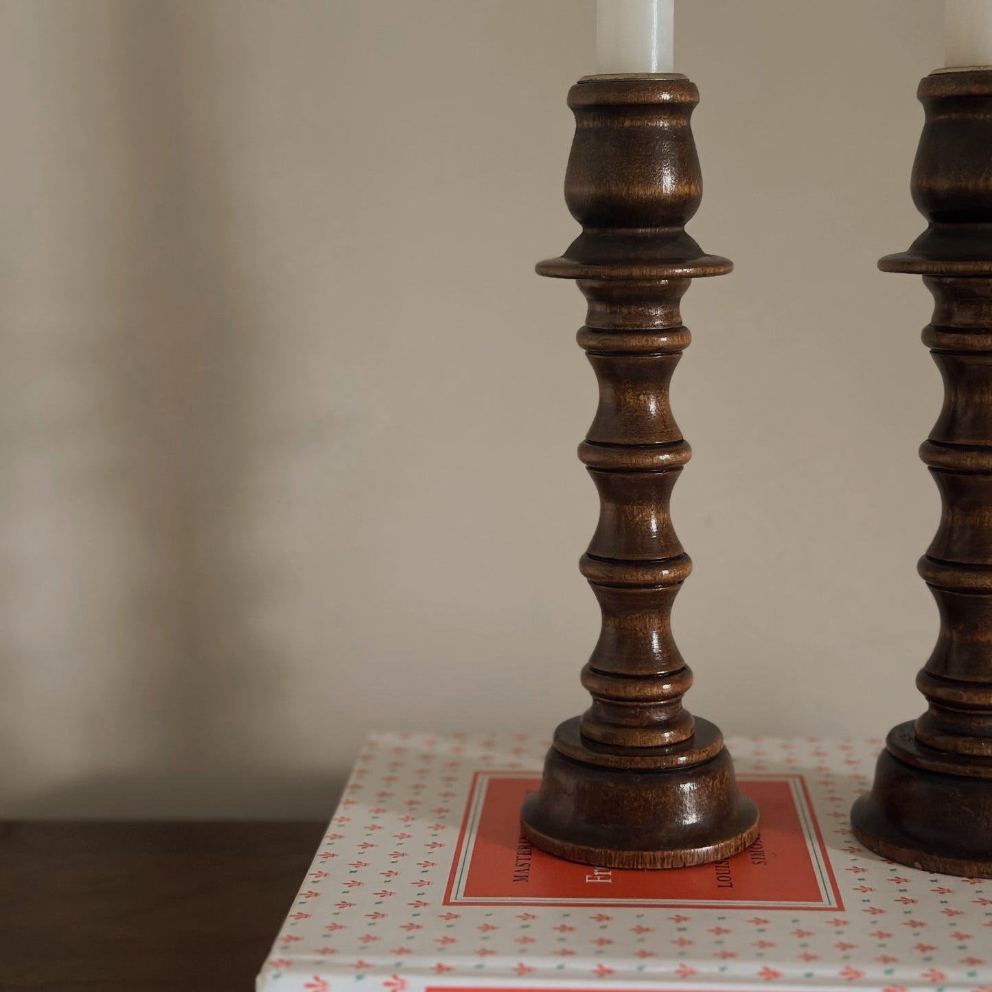 Turned Dark Walnut Wooden Taper Candlestick Holders | Set of 2 | Vintage