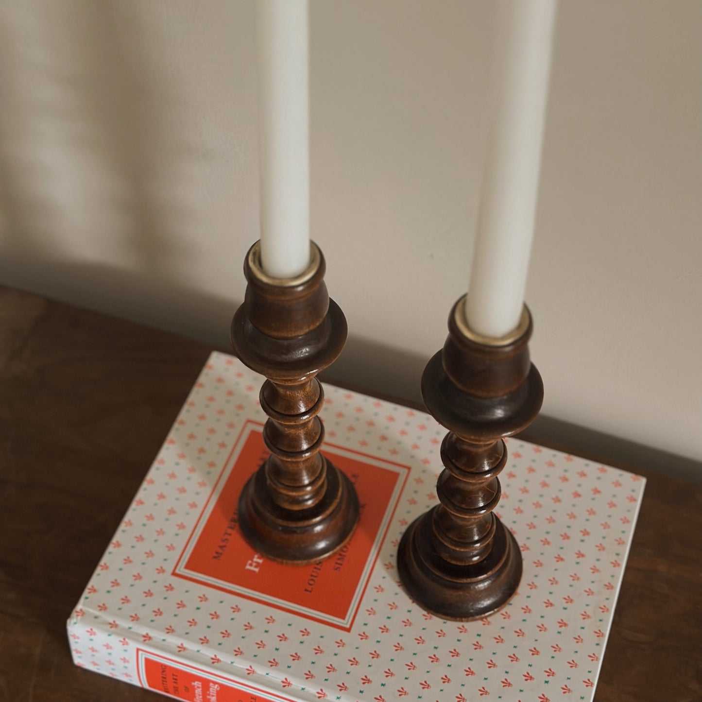 Turned Dark Walnut Wooden Taper Candlestick Holders | Set of 2 | Vintage