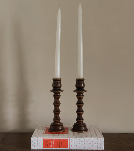 Turned Dark Walnut Wooden Taper Candlestick Holders | Set of 2 | Vintage