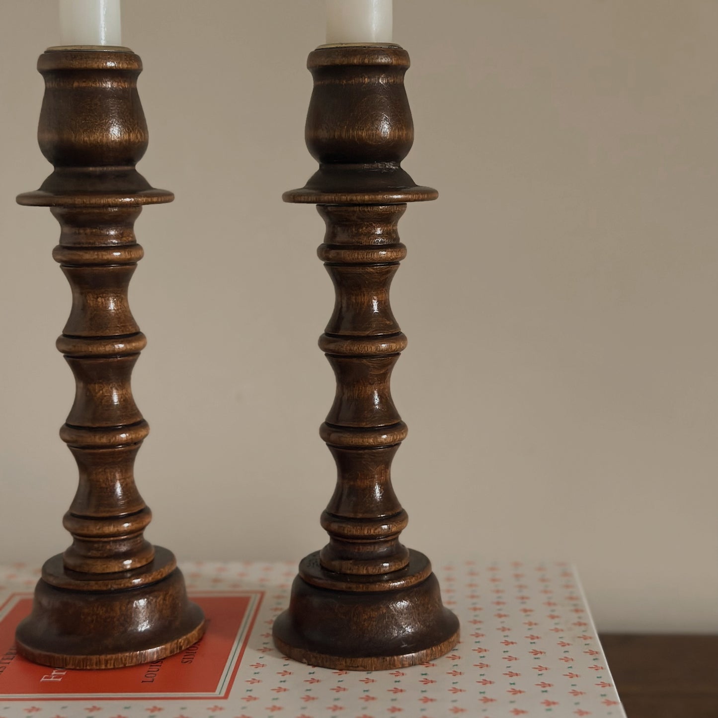 Turned Dark Walnut Wooden Taper Candlestick Holders | Set of 2 | Vintage