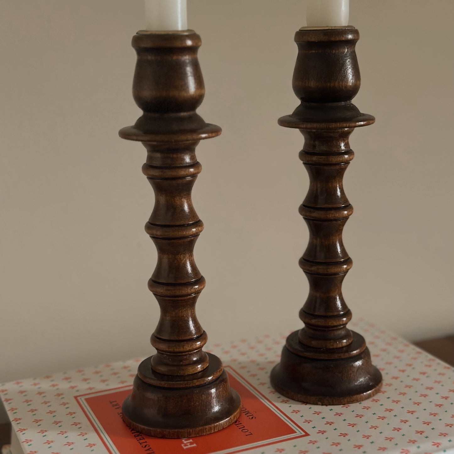 Turned Dark Walnut Wooden Taper Candlestick Holders | Set of 2 | Vintage