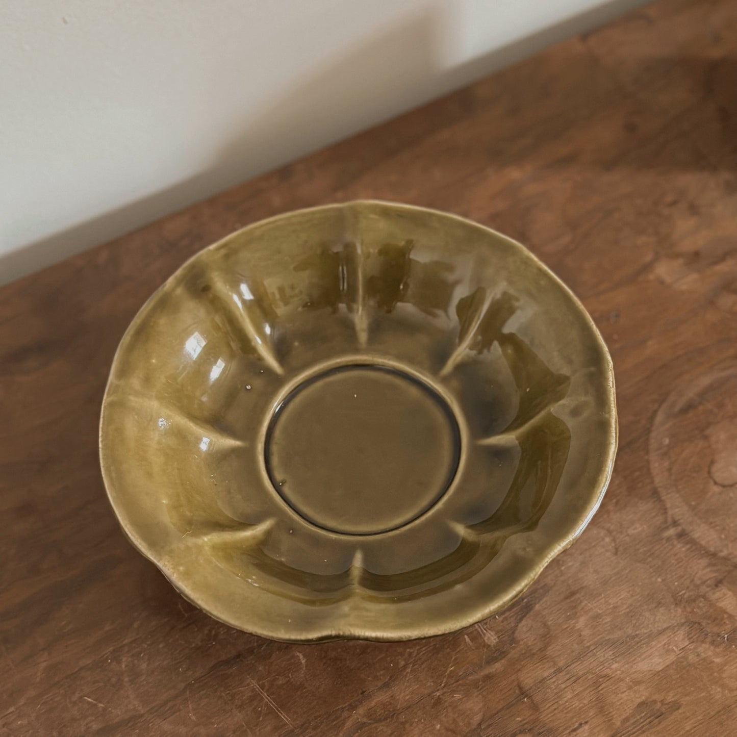 1970s McCoy USA Scalloped Avocado Green Pedestal Bowl | Vintage
