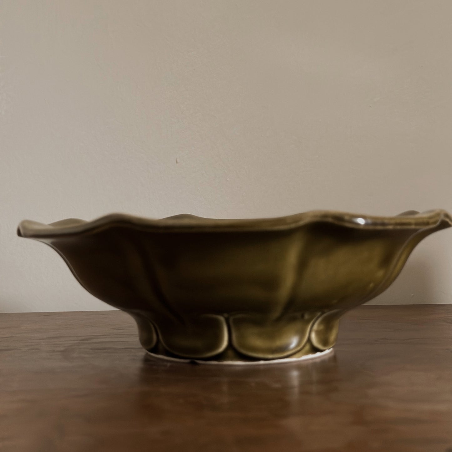1970s McCoy USA Scalloped Avocado Green Pedestal Bowl | Vintage