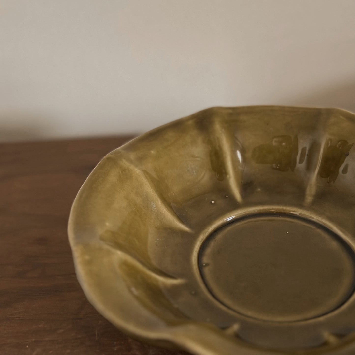 1970s McCoy USA Scalloped Avocado Green Pedestal Bowl | Vintage