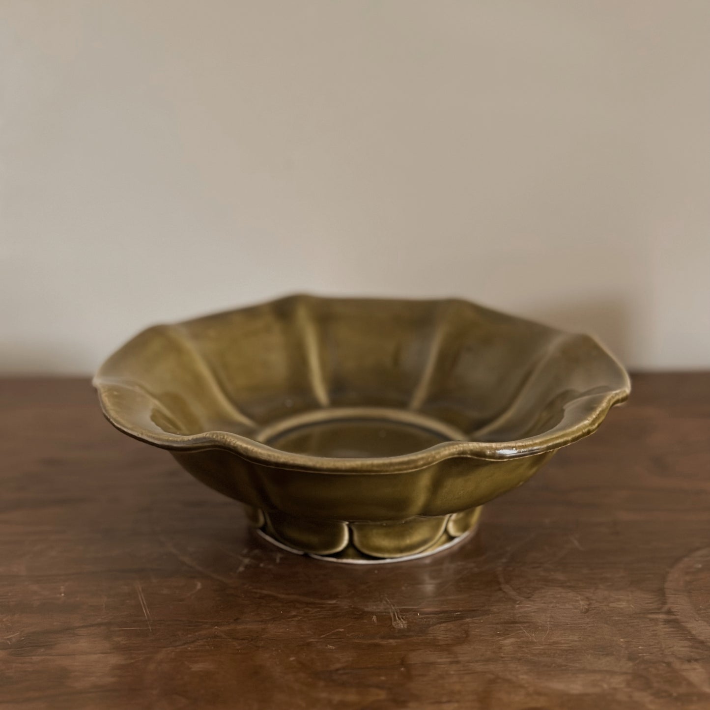 1970s McCoy USA Scalloped Avocado Green Pedestal Bowl | Vintage