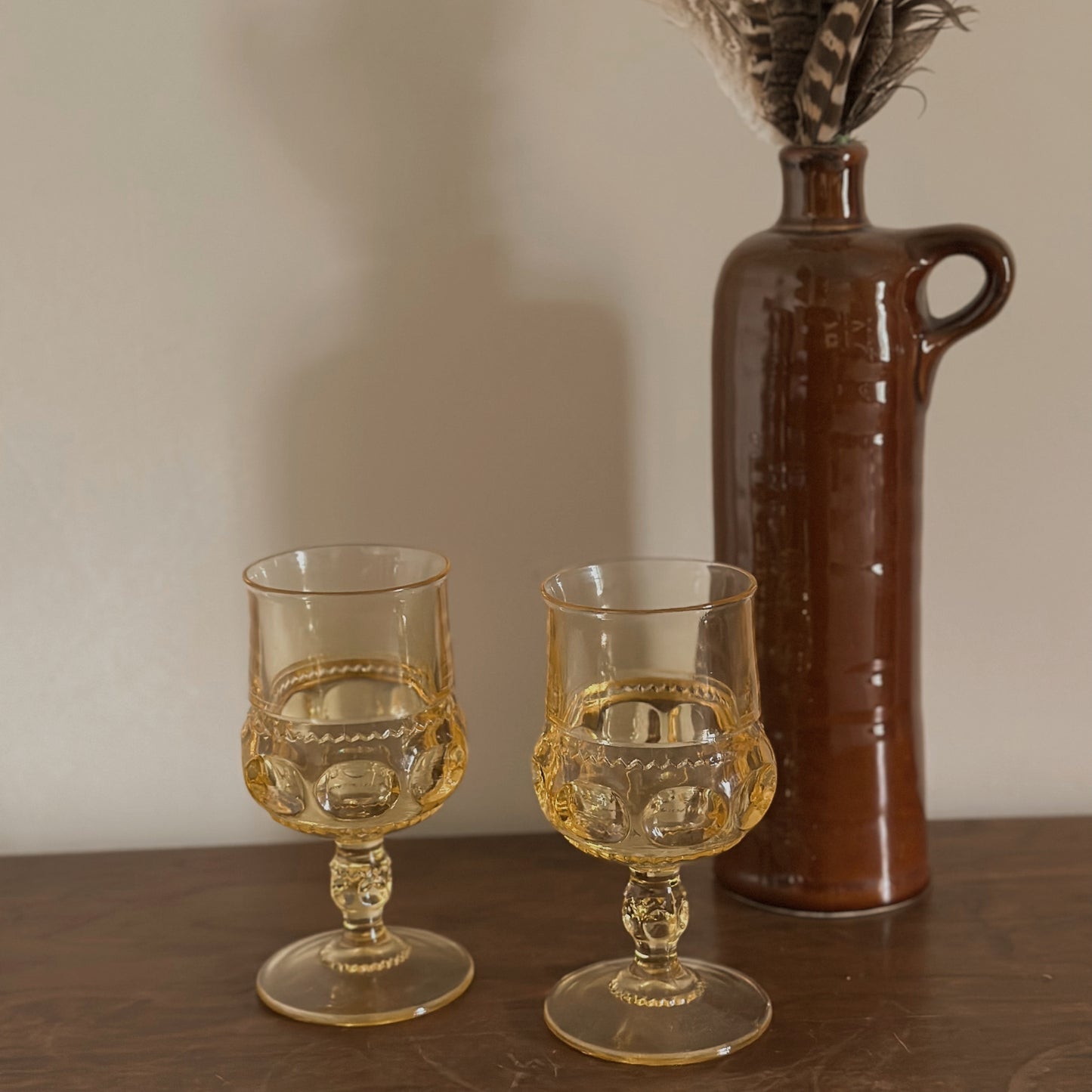 Vintage Indiana Glass Co. Citrine Amber "King's Crown" Water Goblets | Set of 2