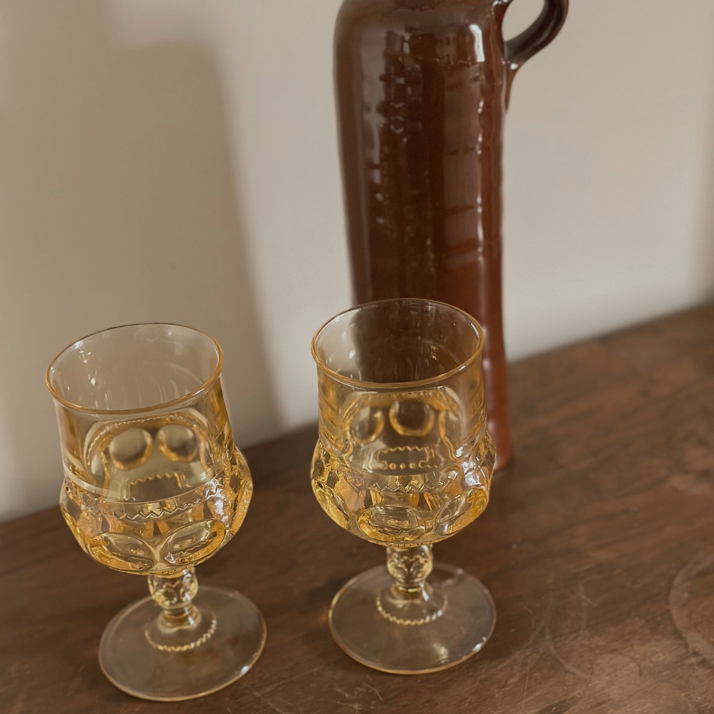 Vintage Indiana Glass Co. Citrine Amber "King's Crown" Water Goblets | Set of 2