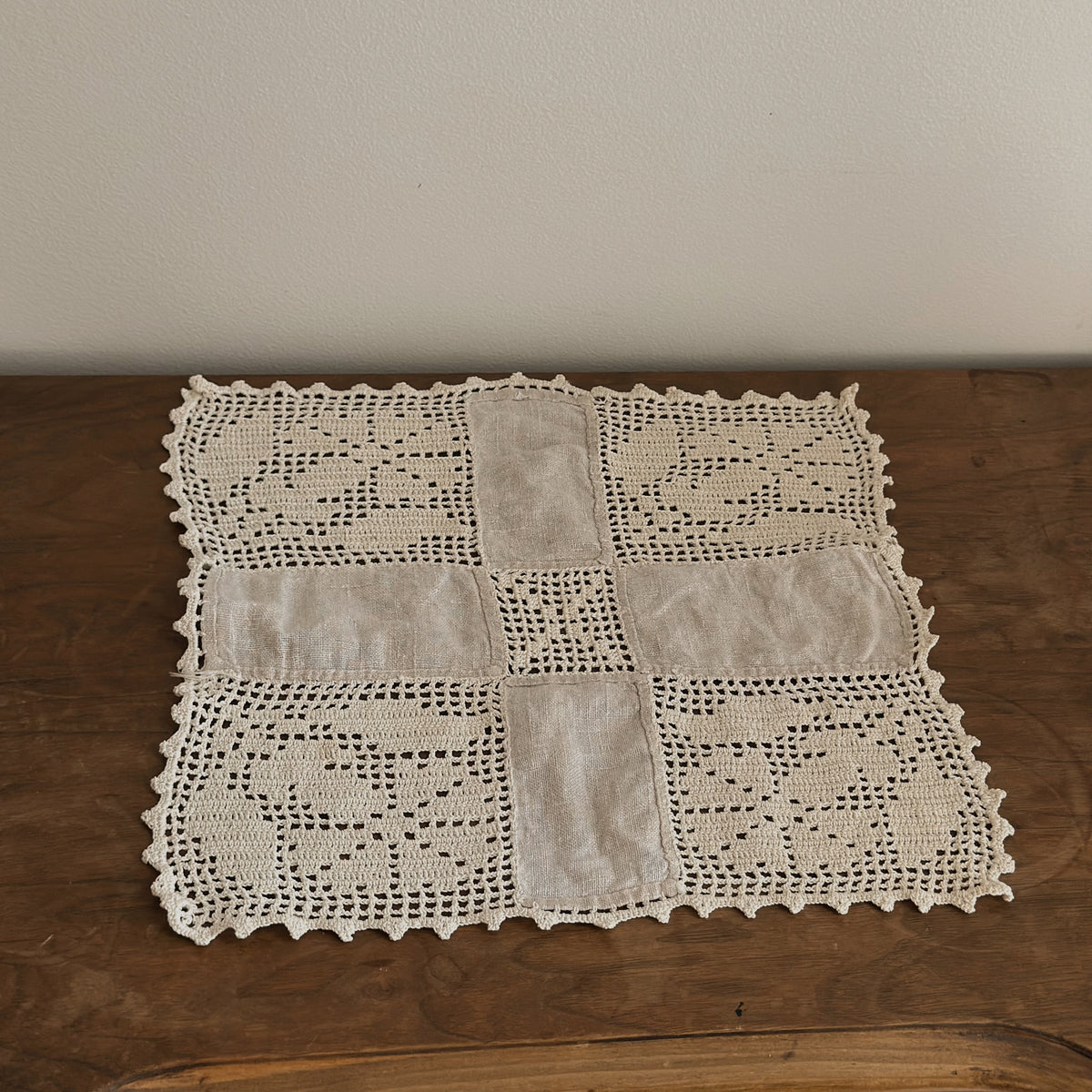 Handmade Filet Crochet & Linen Square Doily | Vintage