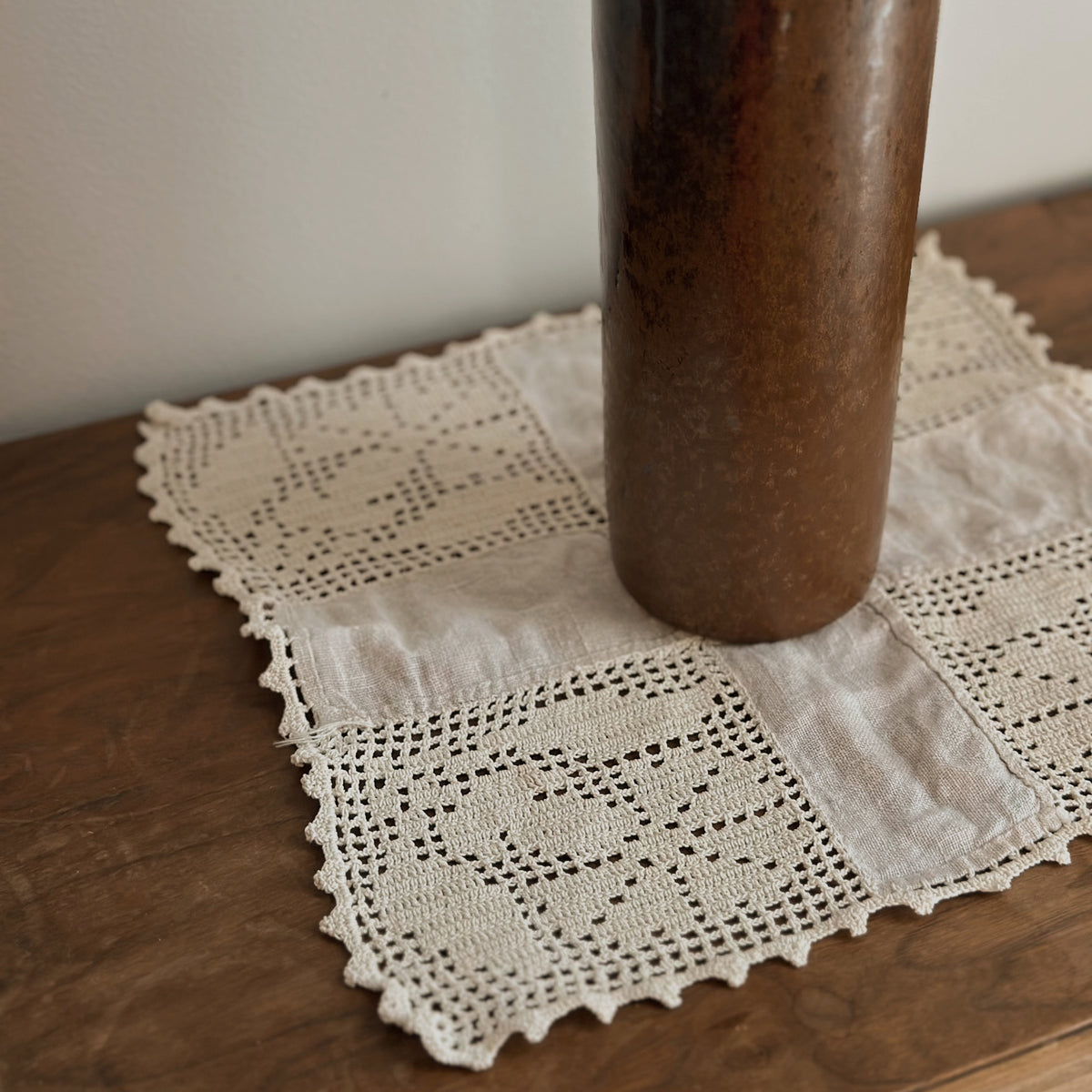 Handmade Filet Crochet & Linen Square Doily | Vintage