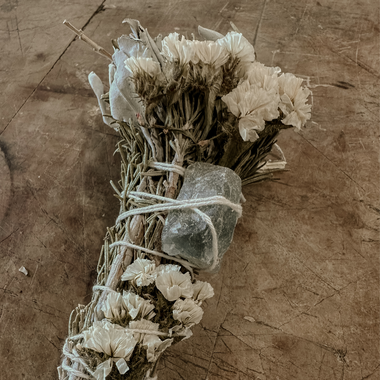 Rosemary & Sage Floral Smudge Stick with Quartz Crystal