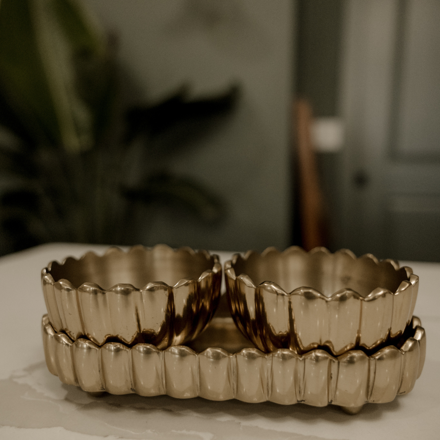 Antique Brass Serving Trey + Dish Set