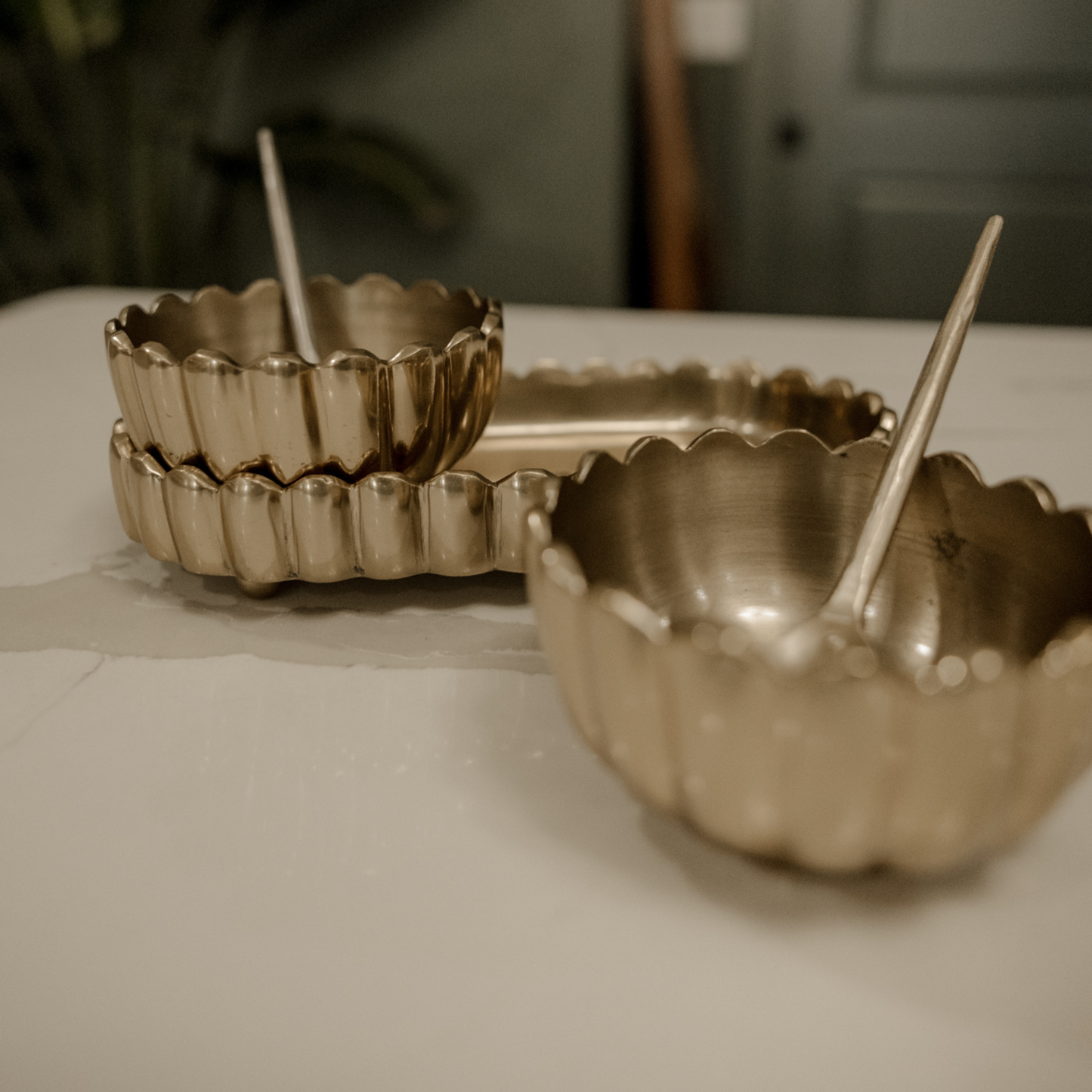 Antique Brass Serving Trey + Dish Set