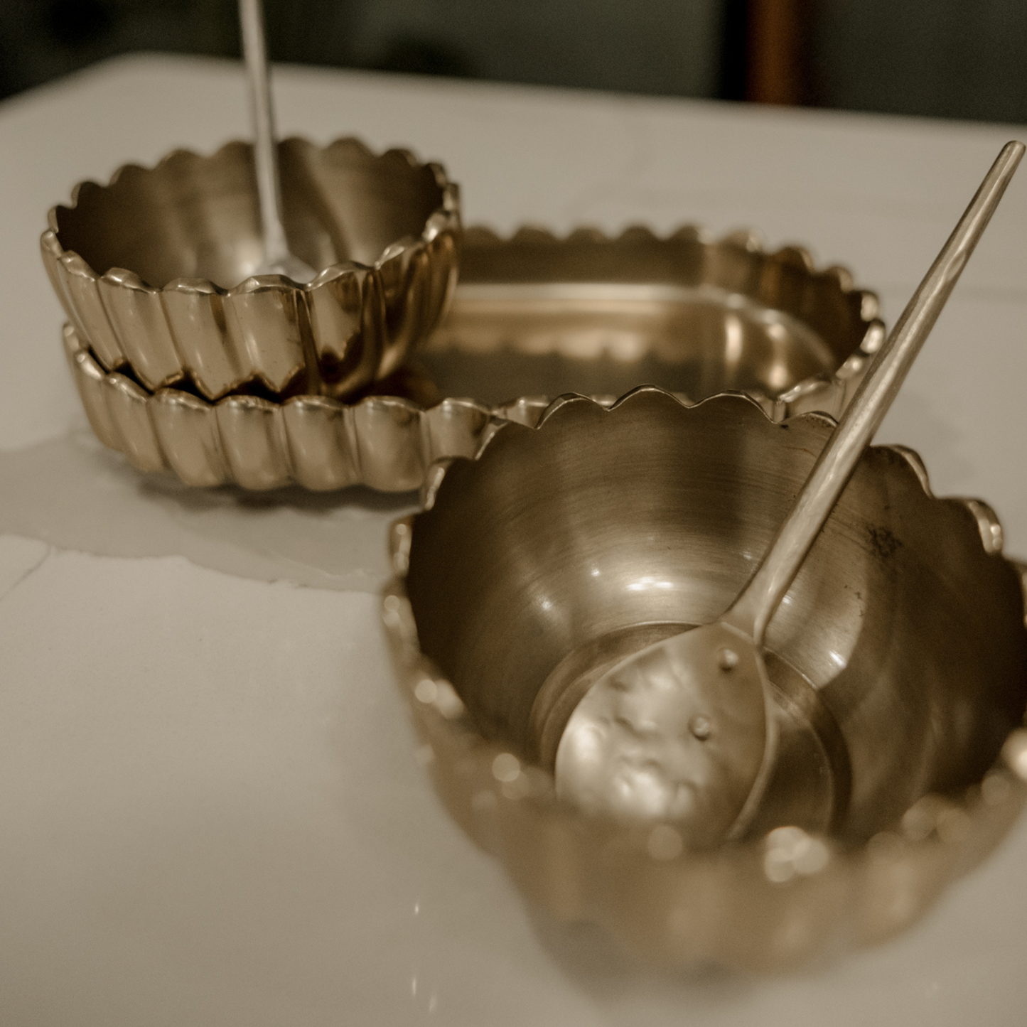 Antique Brass Serving Trey + Dish Set